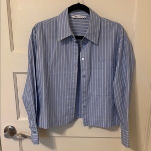 Zara Blue and White Stripe Cropped Button Down Shirt